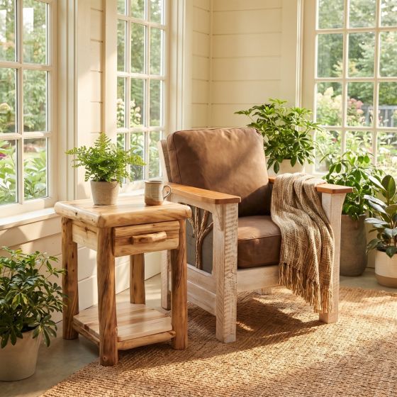 1 Drawer End Table: Some lifestyle images are created with AI for visualization purposes. Crafted from natural solid wood, each piece is unique and will vary.