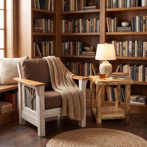 Log End Table: Some lifestyle images are created with AI for visualization purposes. Crafted from natural solid wood, each piece is unique and will vary.