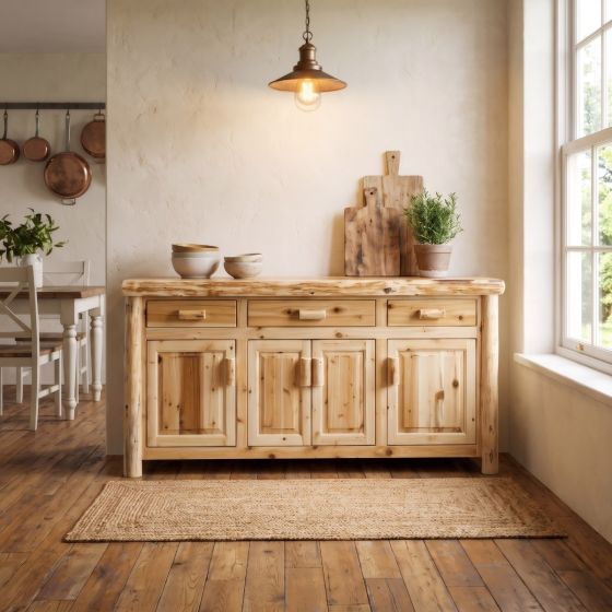 Rustic Cedar Log Buffet: Some lifestyle images are created with AI for visualization purposes. Crafted from natural solid wood, each piece is unique and will vary.