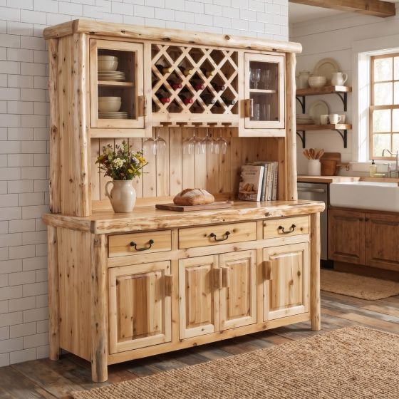 Rustic Cedar Hutch: Some lifestyle images are created with AI for visualization purposes. Crafted from natural solid wood, each piece is unique and will vary.
