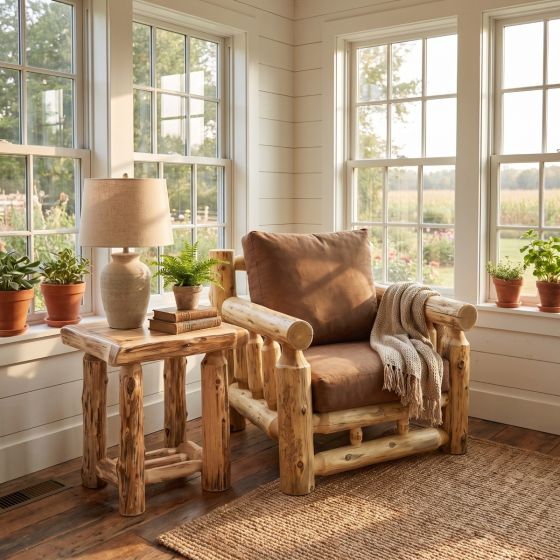 Cedar Log Chair: Some lifestyle images are created with AI for visualization purposes. Crafted from natural solid wood, each piece is unique and will vary.