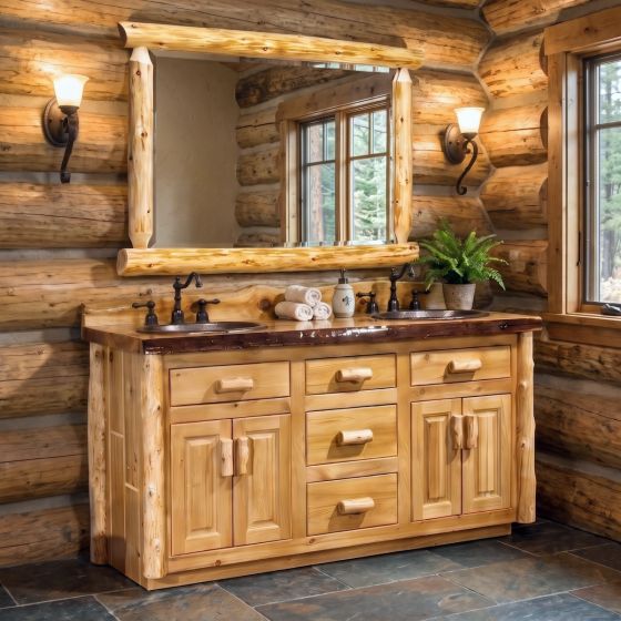 Cedar Log Mirror: Some lifestyle images are created with AI for visualization purposes. Crafted from natural solid wood, each piece is unique and will vary.