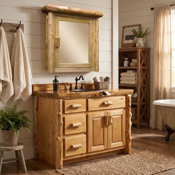 Log Medicine Cabinet: Some lifestyle images are created with AI for visualization purposes. Crafted from natural solid wood, each piece is unique and will vary.