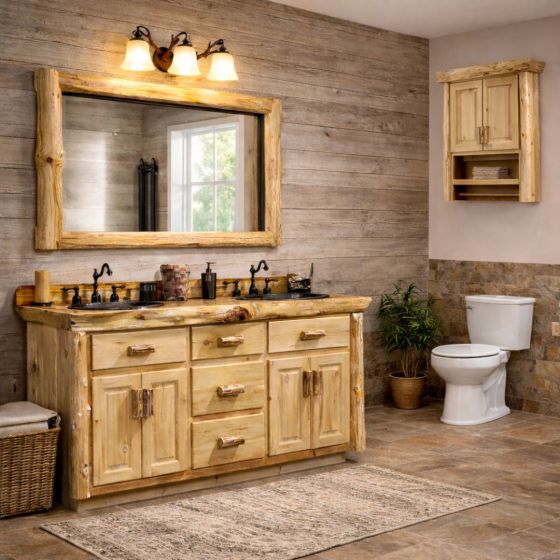 Log Vanity: Some lifestyle images are created with AI for visualization purposes. Crafted from natural solid wood, each piece is unique and will vary.