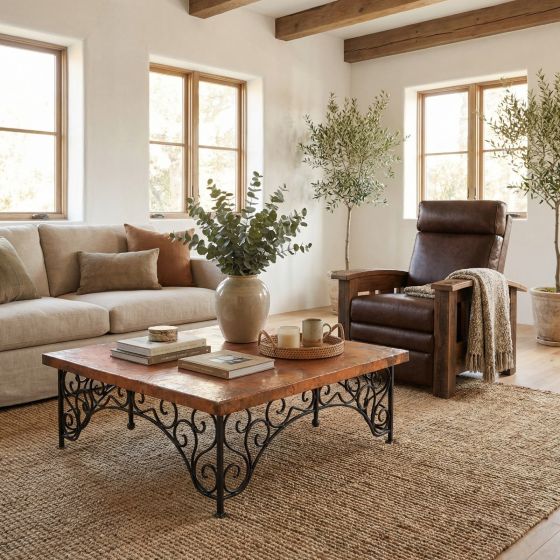 Contemporary Copper Table: Some lifestyle images are created with AI for visualization purposes. Crafted from natural solid wood, each piece is unique and will vary.