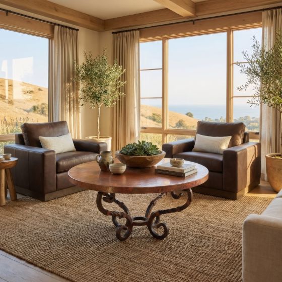 Industrial Copper Coffee Table: Some lifestyle images are created with AI for visualization purposes. Crafted from natural solid wood, each piece is unique and will vary.