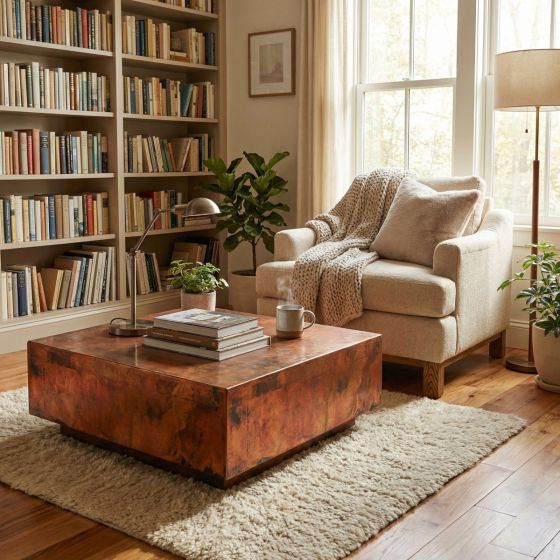 Handcrafted Copper Table: Some lifestyle images are created with AI for visualization purposes. Crafted from natural solid wood, each piece is unique and will vary.