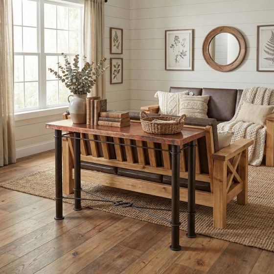 Copper Sofa Table: Some lifestyle images are created with AI for visualization purposes. Crafted from natural solid wood, each piece is unique and will vary.