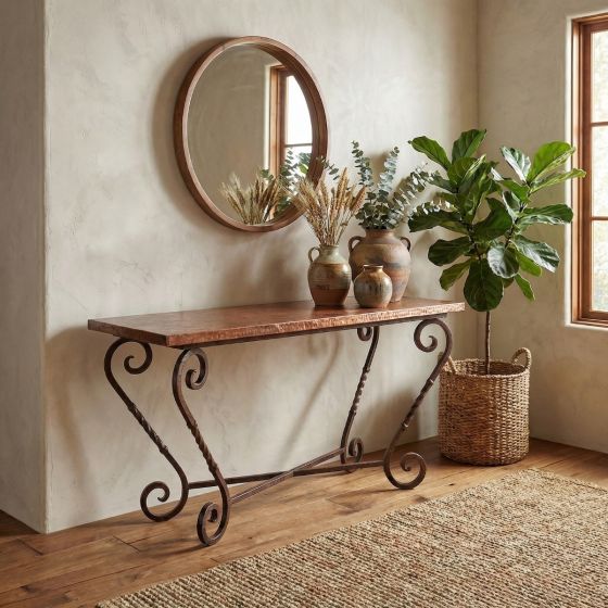 Copper Console Table: Some lifestyle images are created with AI for visualization purposes. Crafted from natural solid wood, each piece is unique and will vary.