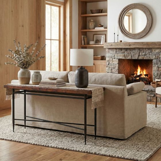 Copper Sofa Table: Some lifestyle images are created with AI for visualization purposes. Crafted from natural solid wood, each piece is unique and will vary.