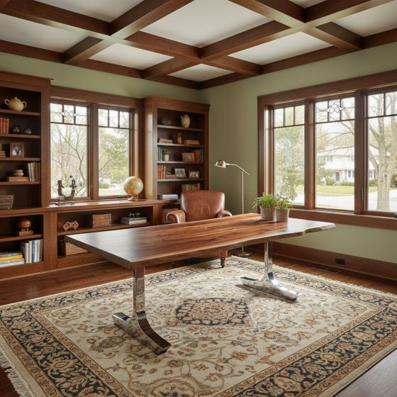 Contemporary Rustic Live Edge Plank Writing Desk: Some lifestyle images are created with AI for visualization purposes. Crafted from natural solid wood, each piece is unique and will vary.