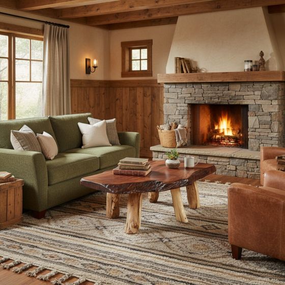 Rustic Coffee Table: Some lifestyle images are created with AI for visualization purposes. Crafted from natural solid wood, each piece is unique and will vary.