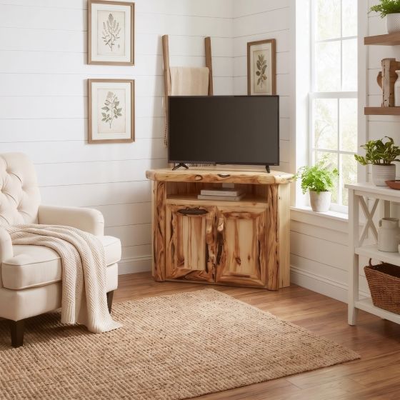 Corner TV Stand: Some lifestyle images are created with AI for visualization purposes. Crafted from natural solid wood, each piece is unique and will vary.