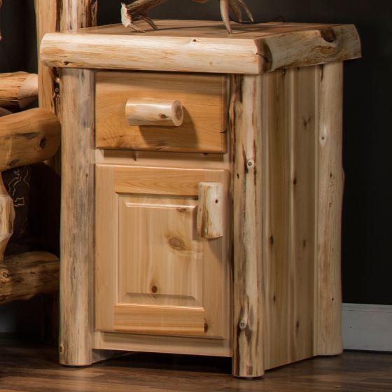 Cedar Lake Cabin Enclosed Nightstand--Left hinge, Flat drawer fronts, Clear finish