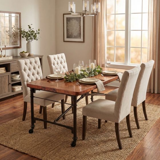 Copper Dining Table: Some lifestyle images are created with AI for visualization purposes. Crafted from natural solid wood, each piece is unique and will vary.