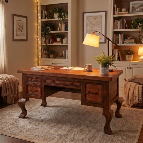 Reclaimed Copper Executive Desk: Some lifestyle images are created with AI for visualization purposes. Crafted from natural solid wood, each piece is unique and will vary.