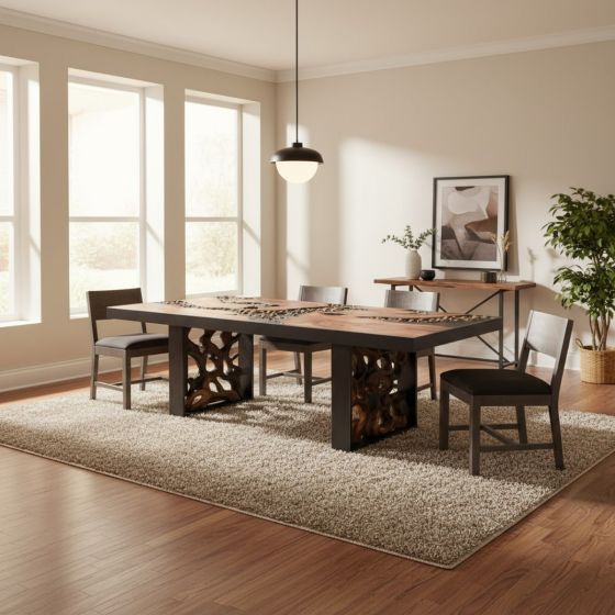 Rustic Dining Table: Some lifestyle images are created with AI for visualization purposes. Crafted from natural solid wood, each piece is unique and will vary.