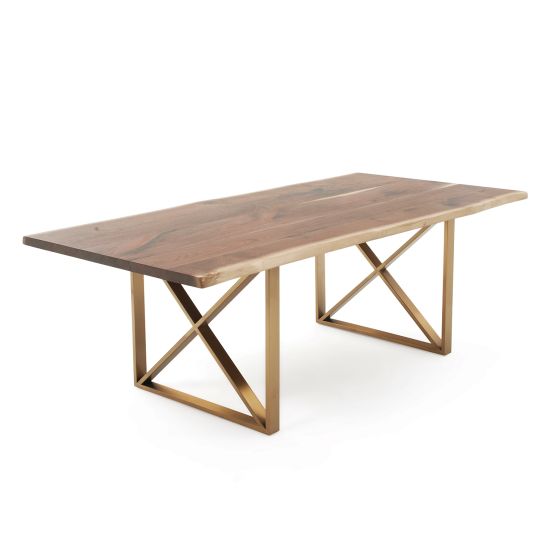 Metal X Hardwood Dining Table - Live Edge Black Walnut Table Top - Natural Clear Table Top Finish - Gold Steel Table Base