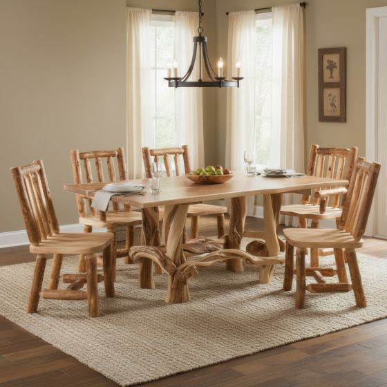 Rustic Log Dining Table: Some lifestyle images are created with AI for visualization purposes. Crafted from natural solid wood, each piece is unique and will vary.