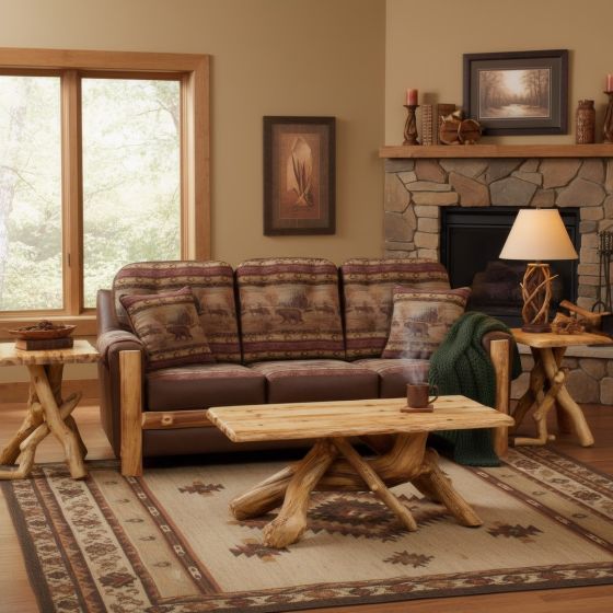 Aspen Log End Table: Some lifestyle images are created with AI for visualization purposes. Crafted from natural solid wood, each piece is unique and will vary.