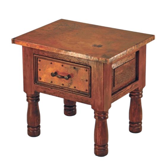 French Reclaimed Wood & Hammered Copper 1 Drawer End Table