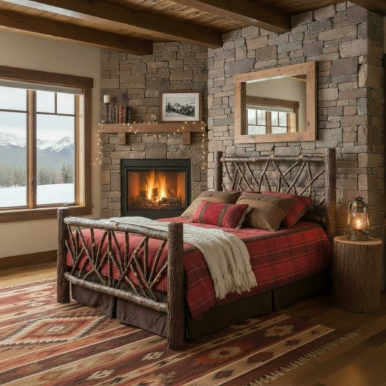 Rustic Hickory Bed: Some lifestyle images are created with AI for visualization purposes. Crafted from natural solid wood, each piece is unique and will vary.