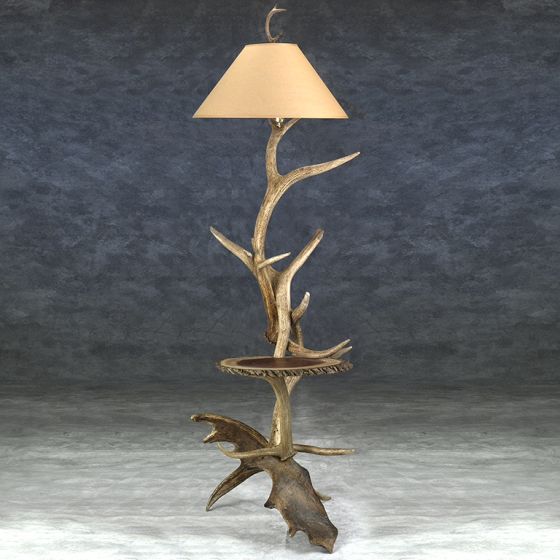 Rustic Elk & Moose Antler Side Table Floor Lamp