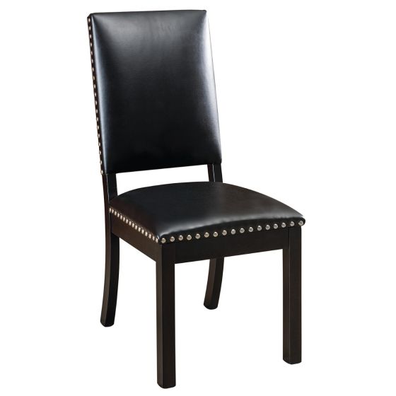 Lynbrook Modern Upholstered Dining Side Chair - Ebony Frame Finish - Black Leather Upholstery - 5/8" Nickel Nail Head Trim