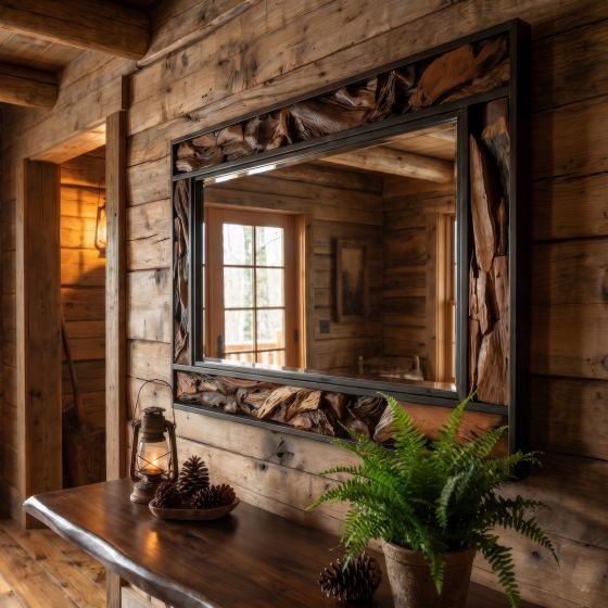 Driftwood Mirror: Some lifestyle images are created with AI for visualization purposes. Crafted from natural solid wood, each piece is unique and will vary.