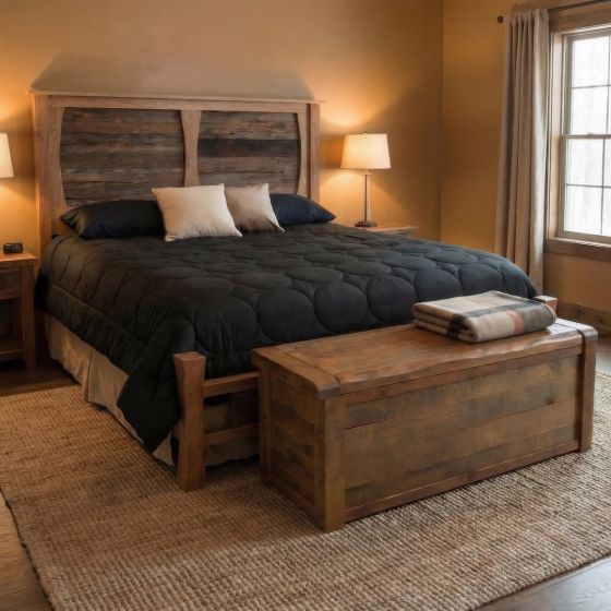 Barn Wood Chest: Some lifestyle images are created with AI for visualization purposes. Crafted from natural solid wood, each piece is unique and will vary.