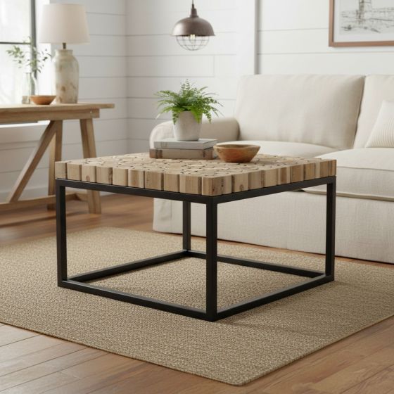 Rustic Metal Base Coffee Table: Some lifestyle images are created with AI for visualization purposes. Crafted from natural solid wood, each piece is unique and will vary.