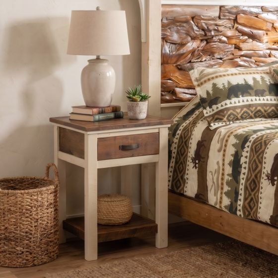 Rustic 1 Drawer Nightstand: Some lifestyle images are created with AI for visualization purposes. Crafted from natural solid wood, each piece is unique and will vary.