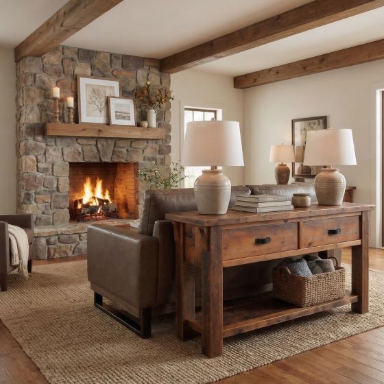 Barn Wood Sofa Table: Some lifestyle images are created with AI for visualization purposes. Crafted from natural solid wood, each piece is unique and will vary.