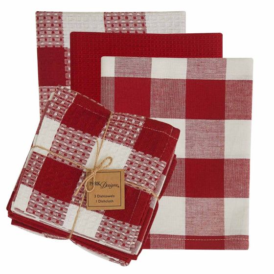 Red & Cream Checkered 4 Piece Kitchen Towel Set
