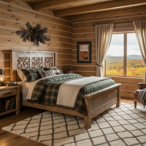 Rustic Pine Wood Bed: Some lifestyle images are created with AI for visualization purposes. Crafted from natural solid wood, each piece is unique and will vary.