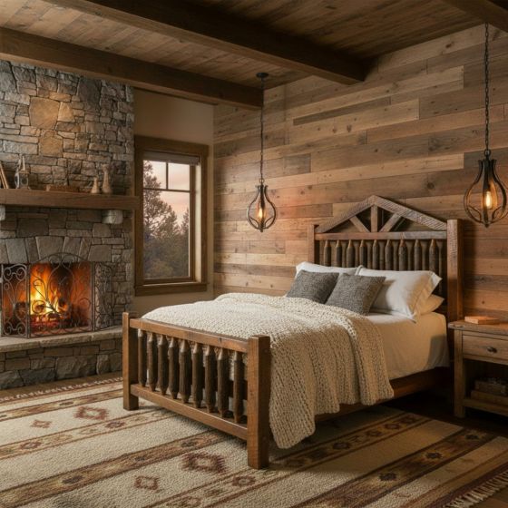 Rustic Pine Bed: Some lifestyle images are created with AI for visualization purposes. Crafted from natural solid wood, each piece is unique and will vary.