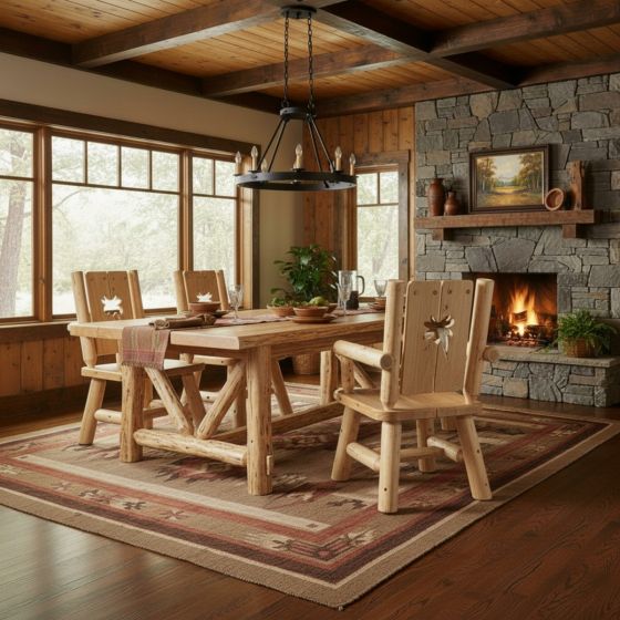 Rustic Cabin Dining Chair: Some lifestyle images are created with AI for visualization purposes. Crafted from natural solid wood, each piece is unique and will vary.