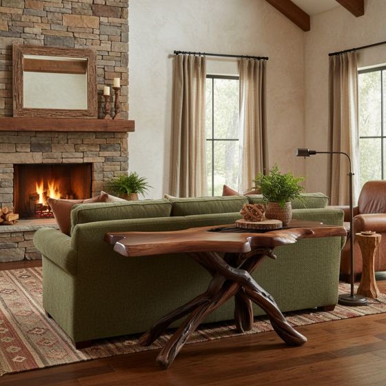 Rustic Sofa Table: Some lifestyle images are created with AI for visualization purposes. Crafted from natural solid wood, each piece is unique and will vary.
