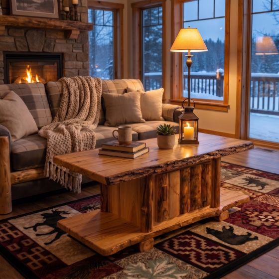 Rustic Aspen Log Coffee Table: Some lifestyle images are created with AI for visualization purposes. Crafted from natural solid wood, each piece is unique and will vary.
