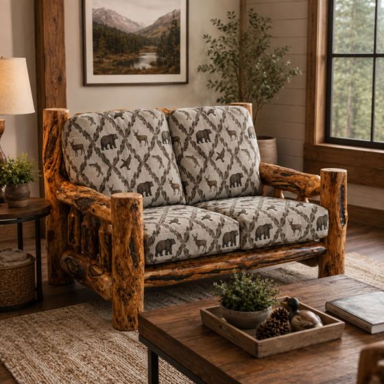 Rustic Aspen Loveseat: Some lifestyle images are created with AI for visualization purposes. Crafted from natural solid wood, each piece is unique and will vary.
