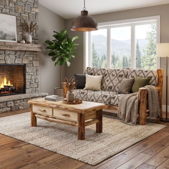 Rustic Sofa: Some lifestyle images are created with AI for visualization purposes. Crafted from natural solid wood, each piece is unique and will vary.
