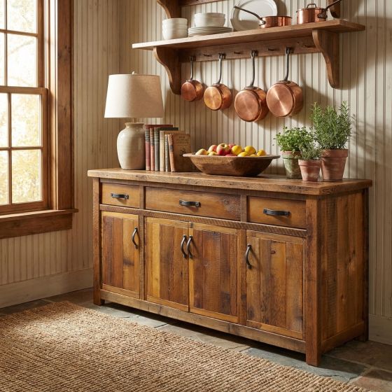 Barn Wood Sideboard: Some lifestyle images are created with AI for visualization purposes. Crafted from natural solid wood, each piece is unique and will vary.