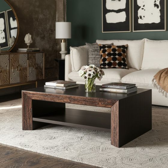 Rustic Modern Living Room: Some lifestyle images are created with AI for visualization purposes. Crafted from natural solid wood, each piece is unique and will vary.
