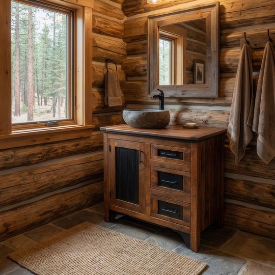 Rustic Bathroom Vanity: Some lifestyle images are created with AI for visualization purposes. Crafted from natural solid wood, each piece is unique and will vary.