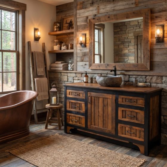 Modern Rustic Vanity: Some lifestyle images are created with AI for visualization purposes. Crafted from natural solid wood, each piece is unique and will vary.