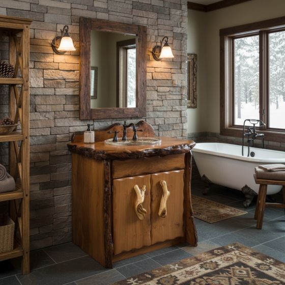 Solid Wood Rustic Vanity: Some lifestyle images are created with AI for visualization purposes. Crafted from natural solid wood, each piece is unique and will vary.