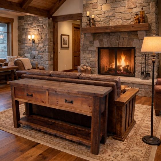 Rustic Sofa Table: Some lifestyle images are created with AI for visualization purposes. Crafted from natural solid wood, each piece is unique and will vary.