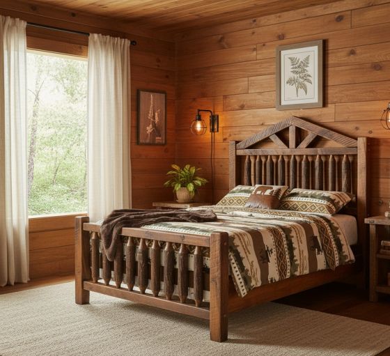 Rustic Cabin Barnwood Bed: Some lifestyle images are created with AI for visualization purposes. Crafted from natural solid wood, each piece is unique and will vary.
