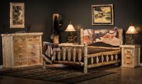 Hand Carved Panel Cedar Spindle Bed w/ Double Spindled Log Side Rails