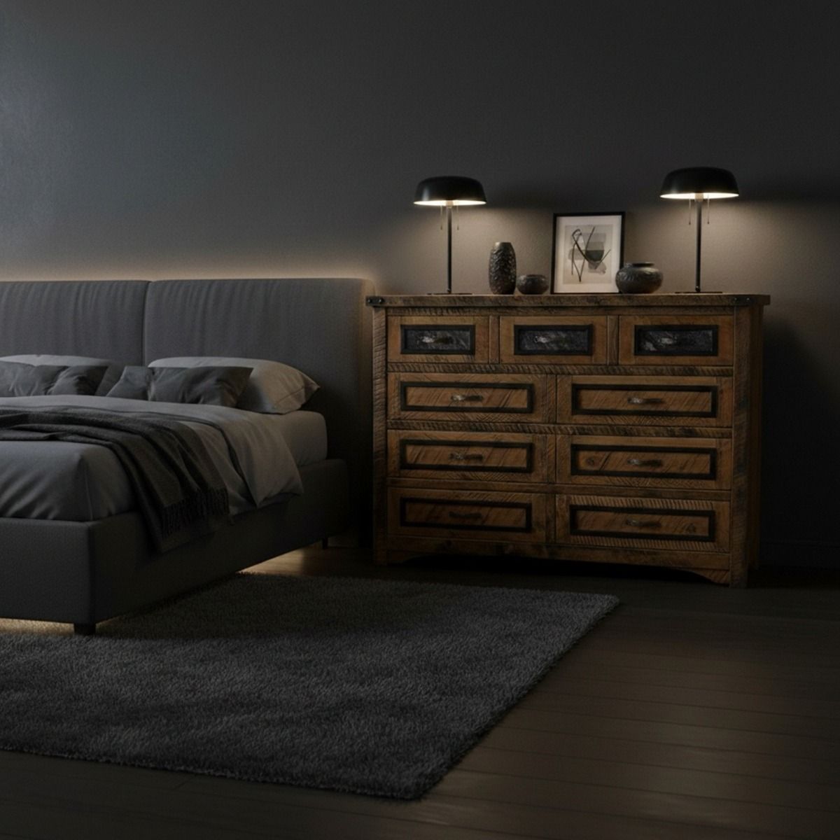 BLACK GRANITE 9 DRAWER DRESSER